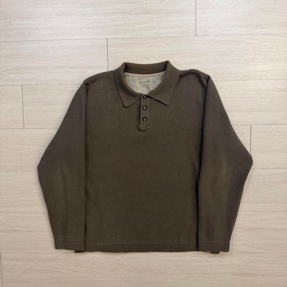 Eddie Bauer Heavyweight Brown Polo Long Sleeve Shirt Mens Size Large